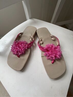 Beaded Pom-Pom Pink Women's Toe-Post Sandals